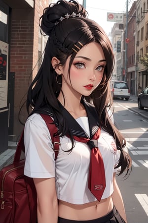 portrait,(Random_hairstyle:1.5),big red lips,small breasts,detailed skin, sexy woman,school uniform