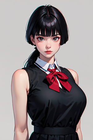 ((masterpiece,best quality,absurdres)),(girl),solo,(black hair),blunt bangs,(School uniform,sleeveless),big breasts,make up,(upper body:1.3),(model_stance:1.2),simple_background,