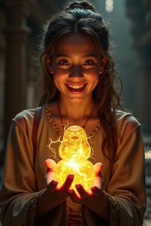 Epic Adventure Shot: UHD, fantasy action movie still, half-body portrait of an astonished smiling 30-year-old medieval explorer. She holds a glowing 1-foot tall dragon-shaped idol crackling with energy, its golden light casting dramatic shadows on her face. The ruins behind her are ancient and dark, illuminated only by the idol’s intense glow. Cinematic realism, high-action pose, realistic skin textures, intricate facial details, perfect eyes, expressive gaze, HD, 8k, film grain for added depth,