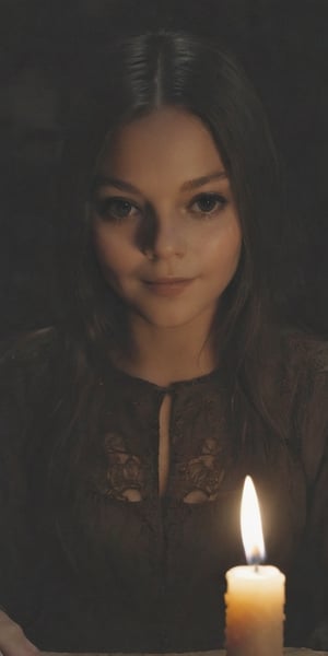 1970's dark fantasy, paper art,  1girl,  dark caslte,  candle in hand,  focus face,  film grain, perfect skin,  detailed eyes, 