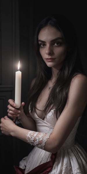 est quality, masterpiece, ultra high res, raw photo, dark theme,eighteen century, dark fantasy, paper art,  1girl,  dark caslte,  vamp , candle in hand,  focus face,  film grain, perfect skin,  detailed eyes, black and white, red eyes