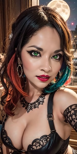 (best quality, masterpiece, colorful, dynamic angle, highest detailed)upper body photo, fashion photography of cute succubus girl, gothic, large demon red wings (high resolution textures), long green hair, (abstract art), half demon, crimson cat iris, cat eyes, vampire very long fangs, (intricate details, hyperdetailed:1.15), detailed, moonlight passing through hair, (official art, extreme detailed, highest detailed),