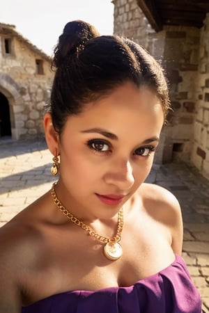 1girl, medieval village, nobility, strapless purple dress, bare shoulders, blonde hair, hair up, messy bun, pendant necklace, castle balcony, (masterpiece:1.2), soft lighting, subsurface scattering, heavy shadow, (best quality:1.4), golden ratio, (intricate, high detail:1.2), soft focus