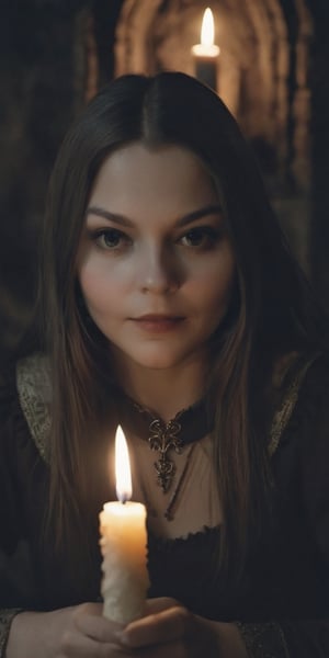 1970's dark fantasy, paper art,  1girl,  dark caslte,  castlevania style, candle in hand,  focus face,  film grain, perfect skin,  detailed eyes, 