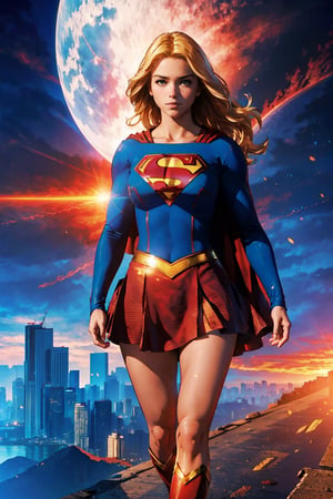 Masterpiece, high quality, UHD, 1girl, blonde, beautiful, superman shirt, red skirt, a woman m111y ,CLOUD, supergirl