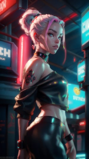 In a neon-lit, perfect body composition, futuristic cityscape, a cyber-enhanced individual, Their glowing tattoos and neon hair stand out in the vibrant, technologically advanced world. The intricately detailed cyber-eyes peer into the augmented reality interface, while the holographic display showcases their cybernetic implants. Dressed in a leather jacket, off-shoulder, adorned with high-tech accessories, they exude a sense of style and power. Reflective surfaces capture the neon reflections, and dramatic lighting enhances the sci-fi aesthetic. Their appearance is a masterpiece of futuristic fashion and cybernetic enhancements.,fate/stay background,a woman m111y