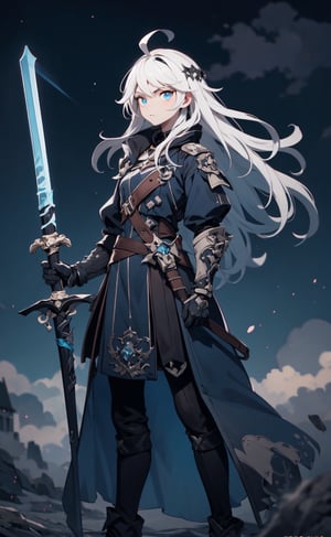 (detailed face: 1.2), Best quality, masterpiece, serious, ultra-high resolution, (photorealistic: 1.2), (best quality)), ((masterpiece)), 1girl, solo, very long hair, white hair, ahoge, blue eyes, expressionless, cowboy shot, looking at viewer, black castle background, standing, black and blue coat, closed mouth, flat chest, staff, black trim, wielding sword, straight hair, black gauntlets, cold attitude, blue energy, dark energy, blue haze, big moon, clouds, dark sky, thunder, blue lightning, pale skin, photorealistic,  full image, full body, hyper-realistic, camera glare, film grains, uncompressed UHD 8K format, cinematic lights, cinematic colors, bokeh camera blur, Realism,3DMM