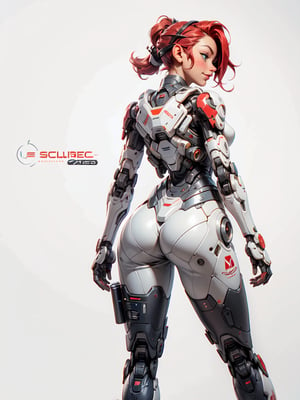  1 girl , Pilot , cute girl, pretty green eyes, calm face , Ponytail Scarlet hair , bllod stains , appendages in matching pairs , Red and white cyborg body , proper robot Boots , proper robot hands , naughty grin , Sci-fi, ultra high res, futuristic , {(little robot)}, {(solo)}, full body , {(complex, Machine background ,spaceship outdoors background, Mecha Transport parts)} , Shotgun in hands ,3DMM