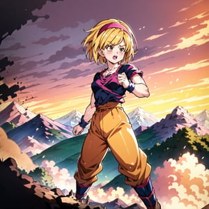 1girl, djeeta, blonde, short hair, pink hairband, brown eyes, small breasts, training clothes, Super Saiyan energy, standing, shouting, sky afternoon, mountains in background.

(anime:1.2), (dramatic lighting:1.1), (vibrant colors:1.3), (cell-shaded:1.1), (dynamic composition:1.2)
