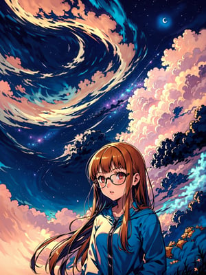 highres, (1girl:1.4), futaba, orange long hair, EpicArt, outdoors, sky, cloud, night, cloudy_sky, star_(sky), night_sky, scenery, starry_sky, crescent_moon, glasses, hands in pockets, close up
