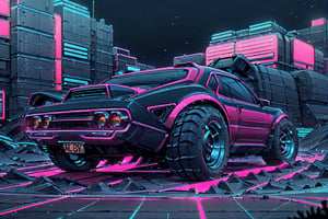 (retrowavetech:1.3)
(cyberpunk) (retro zeekars) mustang (car:1.3) (with glowing rims), (wide tires) frontal shot, neon lights

Black car, in a cyberpunk city, night city, night sky

,