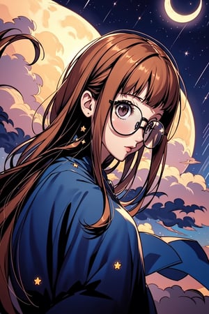 highres, (1girl:1.4), futaba, orange long hair, EpicArt, outdoors, sky, cloud, night, cloudy_sky, star_(sky), night_sky, scenery, starry_sky, crescent_moon, glasses, hands in pockets, close up