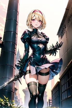 1girl, Blonde, short hair, pink hairband, small breasts, emotionless, parted_lips, n_2b clothes, 2b clothing, nier automata clothing, standing, holding weapon, ruined temple background