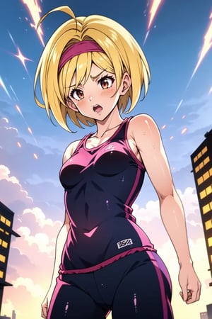 1girl, djeeta, blonde, short hair, pink hairband, brown eyes, small breasts, training clothes, Super Saiyan energy, standing, shouting, sky afternoon, city in background.

(anime:1.2), (dramatic lighting:1.1), (vibrant colors:1.3), (cell-shaded:1.1), (dynamic composition:1.2)