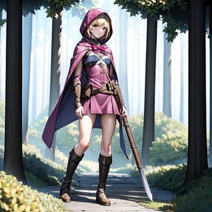 1girl, Blonde, short hair, pink hairband, small breasts, brown eyes, hood up, cape, medium breasts, hooded cloak, belt, pouch, weapon, bow, forest road, ((masterpiece, best quality)), raw photo, 4k hdr, (photorealistic:1.4)