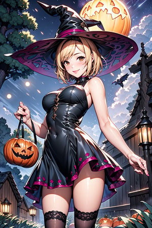 1girl, solo, blonde, short hair, sidelocks, Pink hairband, medium breasts, light smile, black dress, Witch hat, pumpkins, night, haunted forest, ravens, full Moon, Candy bag, legwears, short dress, (Orange:1.2) White and black clothing