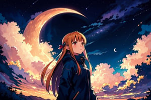 highres, (1girl:1.4), futaba, orange long hair, EpicArt, outdoors, sky, cloud, night, cloudy_sky, star_(sky), night_sky, scenery, starry_sky, crescent_moon, open angle