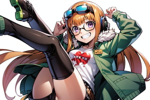 1girl, solo, long hair, looking at viewer, smile, simple background, t-shirt, thighhighs, white background, purple eyes, jacket, white shirt, boots, glasses, shorts, belt, black thighhighs, orange hair, grin, arms up, fur trim, short shorts, headphones, black shorts, goggles, green jacket, fur-trimmed jacket, behind-the-head headphones, indoor.