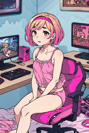 1girl, solo, blonde, short hair, pink hairband, small breasts, brown eyes, (withe camisole:1.2), gamer girl, (cotton pink panties:1.3), bare legs, console, controller, computer, adventure videogames on screens, dark room, bedroom, gamerseat, sitting, gameroomconcept, webcam