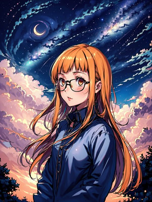 highres, (1girl:1.4), futaba, orange long hair, EpicArt, outdoors, sky, cloud, night, cloudy_sky, star_(sky), night_sky, scenery, starry_sky, crescent_moon, glasses, hands in pockets, close up