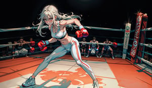 masterpiece, best quality, illustration, full body, body facing viewer, 1girl, white long hair, emotionless, small breast, leggins, sport bra,  hitting a boxing bag