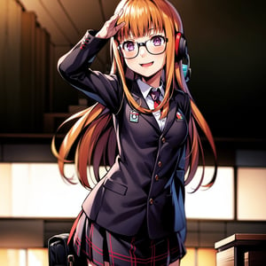 high_resolution, 1girl, solo, orange long hair, glasses, behind-the-head headphones, smile, (close mouth:1.2), shujin school uniform, plate skirt, standing, school background