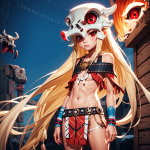 1girl, white long hair, red eyes, small breats, emotionless, savage clothes, white clotes, tribal, Savage_Design,  looking at viewer, cowboy shot, cinematic composition,Savage_Design