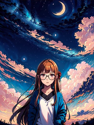 highres, (1girl:1.4), futaba, orange long hair, EpicArt, outdoors, sky, cloud, night, cloudy_sky, star_(sky), night_sky, scenery, starry_sky, crescent_moon, glasses, hands in pockets, close up