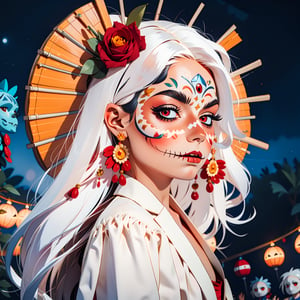 1girl, solo, (white hair:1.3), jitome, long hair, red eyes, (Catrina:1.2), flat chest, night, city on background, nigth festival,