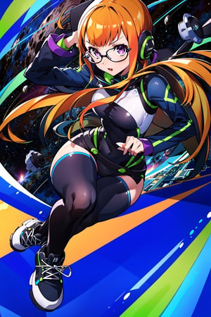 1girl, solo, orange hair, long hair, purple eyes, (nabi clothes:1.4), navi clothes, bodysuit,  headphones, glasses, sneakers, cityscape, masterpiece, best quality, ,halftone, virtual reality space, virtual space background, 
