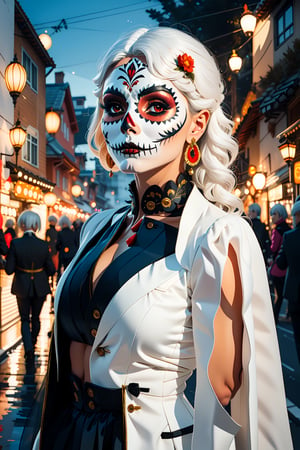 1girl, solo, (white hair:1.3), jitome, long hair, red eyes,Catrina, flat chest, night, city on background, nigth festival,