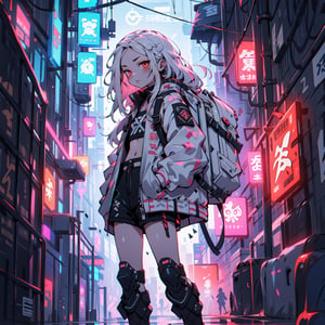 1girl, white hair, (long hair:1.2), red eyes, jitome, flat chest, small girl, skinny, cyberpunk style, white jacket, black shorts, sneakers, cyber backpack, cyberpunk city background
