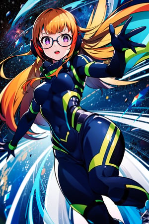 1girl, solo, orange hair, long hair, purple eyes, (nabi clothes:1.4), bodysuit green and black,  headphones, glasses, sneakers, cityscape, masterpiece, best quality, halftone, virtual reality space, virtual space background, Cyberspace,
