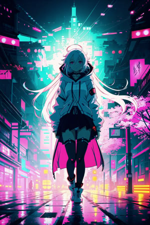 anime girl with White long hair and a white jacket and  lace panties, no skirt, sitting, anime style 4 k, cyberpunk anime girl in hoodie, anime style. 8k, anime art wallpaper 8 k, style anime, cyberpunk anime girl, anime vibes, anime art wallpaper 4 k, anime art wallpaper 4k, high quality anime artstyle, portrait anime space cadet girl, digital cyberpunk anime art