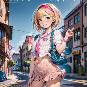 (magazine cover, english text:1.3), 1girl, Blonde, short hair, pink hairband, small breasts, brown eyes, standing, school uniform, white shit, pink skirt, necktie, hair accesories, schoolbag, smile, ((masterpiece, best quality)), raw photo, 4k hdr, (photorealistic:1.4),EnvyBeautyMix23