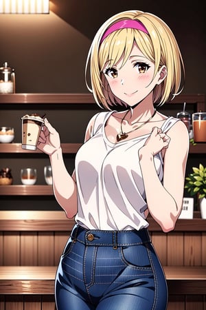 1girl, solo, (blonde:1.2), short hair, sidelocks, pink hairband, medium breasts, light smile, brown eyes, hands_on_cheeks, cafe, cofee bar, white shirt, jeans, necklace, brazalet