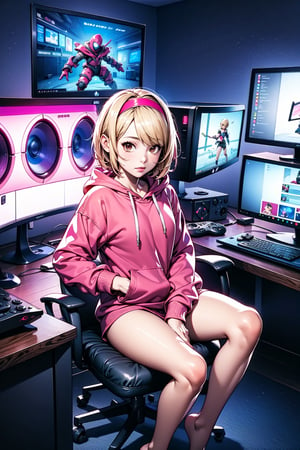 1girl, solo, blonde, short hair, pink hairband, small breasts, brown eyes, gamer girl, hoody, bottomless, bare legs, console, controller, computer, videogames, dark room, bedrrom,gameroomconcept