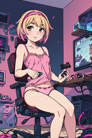 1girl, solo, blonde, short hair, (pink hairband), small breasts, brown eyes, (transparent camisole:1.2), gamer girl, (transparent panties:1.3), bare legs, console, controller, computer, adventure videogames on screens, dark room, bedroom, gamerseat, sitting, gameroomconcept, webcam