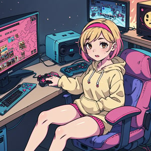 1girl, solo, blonde, short hair, pink hairband, small breasts, brown eyes, gamer girl, hoody, bottomless, bare legs, console, controller, computer, videogames, dark room, bedrrom,gameroomconcept