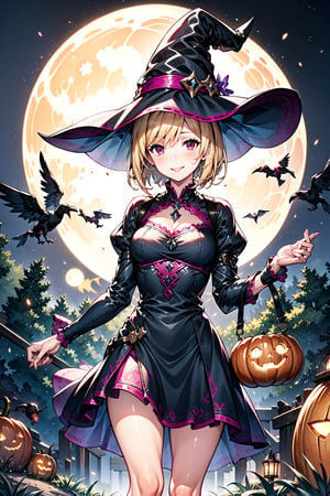 1girl, solo, blonde, short hair, sidelocks, Pink hairband, medium breasts, light smile, black dress, Witch hat, pumpkins, night, haunted forest, ravens, full Moon, Candy bag, legwears, short dress.,Blonde