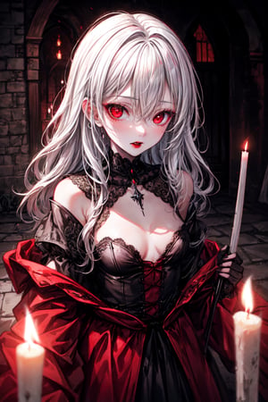 (better extreme quality lighting illustration), extremely detailed, detailed eyes, 1girl (vampire), long white hair, red eyes, red lips, small breasts, wearing medieval clothing, close up, rustic castle background scene, illuminated by candles, a supernatural horror film lighting giving a cinematic tone.