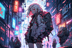 1girl, white hair, long hair, red eyes, jitome, flat chest, small girl, skinny, cyberpunk style, white jacket, balch shorts, sneakers, tecnologic backpack, piloting a drone, cyberpunk city background