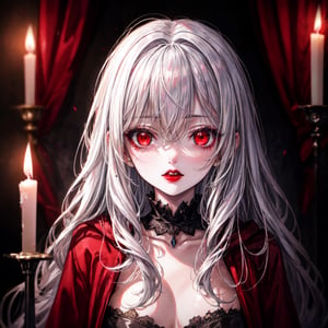 (better extreme quality lighting illustration), extremely detailed, detailed eyes, 1girl (vampire), long white hair, red eyes, red lips, small breasts, wearing medieval clothing, close up, rustic castle background scene, illuminated by candles, a supernatural horror film lighting giving a cinematic tone.