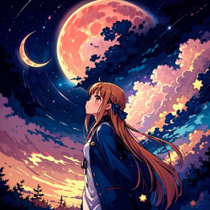 highres, (1girl:1.4), futaba, orange long hair, EpicArt, outdoors, sky, cloud, night, cloudy_sky, star_(sky), night_sky, scenery, starry_sky, crescent_moon, open angle