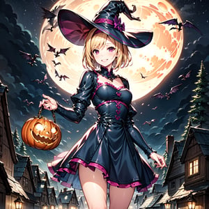 1girl, solo, blonde, short hair, sidelocks, Pink hairband, medium breasts, light smile, black dress, Witch hat, pumpkins, night, haunted forest, ravens, full Moon, Candy bag, legwears, short dress.