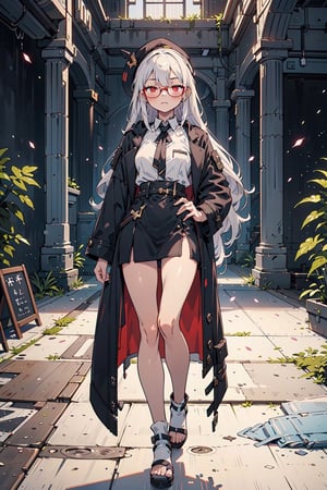 1girl, sole female, long hair, white hair, glasses, :3, jitome, red eyes, walks down a runway, fashion runway parade background, black coat, white long shirt, long legwears, cute hat, skindentation, posing, skinny, fullbody shot, shooting light, indoors, light, 