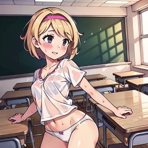 1girl, blonde, short hair, pink hairband, small breasts, classroom, wet clothes, white shirt, see through panties, breasts, white panties, open legs, low-leg_panties, masturbating, blush, cowboy shot, front shot, close up, (people on background:1.3), school class