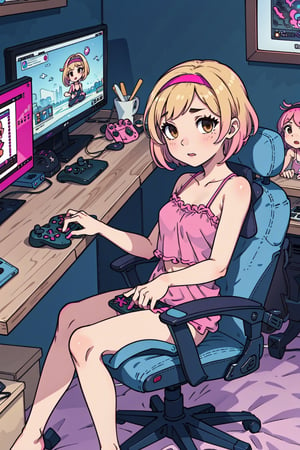 1girl, solo, blonde, short hair, (pink hairband), small breasts, brown eyes, (camisole:1.2), gamer girl, botomless, (vagina:1.3), bare legs, console, controller, computer, adventure videogames on screens, dark room, bedroom, gamerseat, sitting, gameroomconcept, webcam