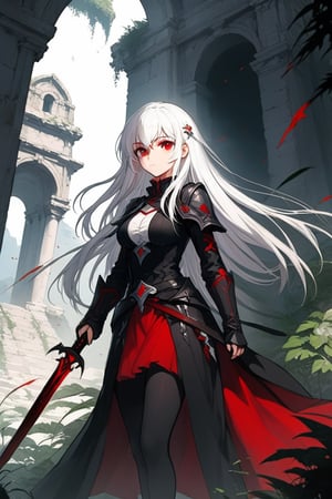 masterpiece, best quality, anime artwork, studio anime, full body, 1girl, (white hair), emotionless, very long hair, (red eyes), flat chest, red white and black fantasy RPG rogue clothing, in a ancient ruins vegetation cover, holding weapon (dagger), Beautiful Eyes, detailed eyes