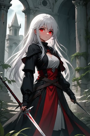 masterpiece, best quality, anime artwork, studio anime, full body, 1girl, (white hair), emotionless, very long hair, (red eyes), flat chest, red white and black fantasy RPG rogue clothing, in a ancient ruins vegetation cover, holding weapon (dagger), Beautiful Eyes, very detailed eyes, Movie Still